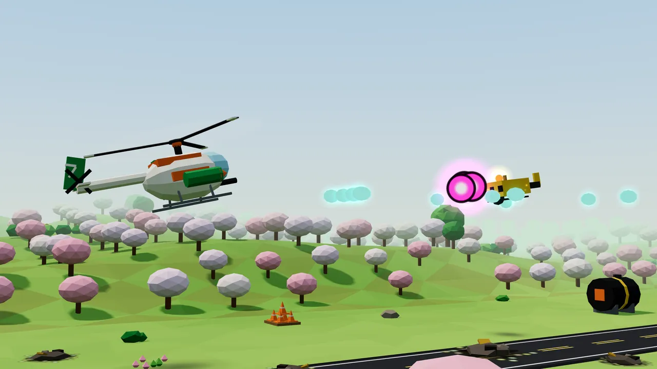 Above a hillside orchard of round pink and white blossom trees, Thistle, a white helicopter with orange stripes, a green pod and a green tail with the number 7, flies to the right, sending a stream of teal droplets toward a small yellow Survey Copter that is firing two glowing magenta shots back at her, while below an orange cone marker, a gray rock, a black and orange tank and a black road with yellow lines sit on the green grass