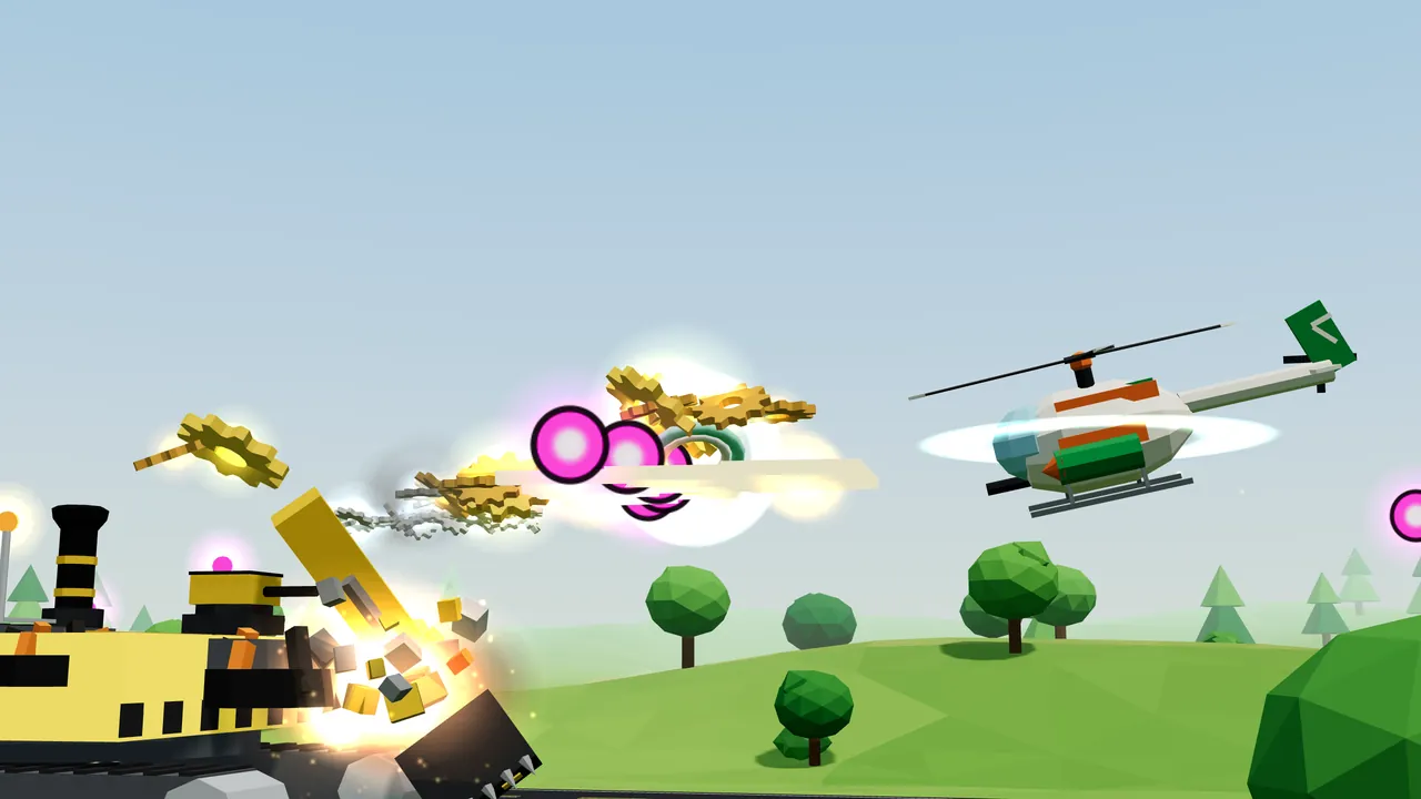 Under a clear blue sky, Big Dig, a huge yellow excavator with black stripes, a tall black exhaust stack and a small yellow turret, bursts apart at the bottom left as its long yellow arm and toothed black bucket break off in a blast of yellow and gray blocks and golden cogs, while glowing magenta shots fly between them and Thistle, a white helicopter with orange stripes, a green pod and a green tail fin, hovers on the right above green hills and round trees