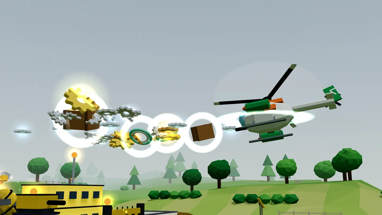 In grey drizzle over Greenfold Meadows, Thistle, a white helicopter with green pods, orange stripes and a green tail, flies to the left beside a row of glowing rings holding a brown cardboard box, a green hoop and a bunch of golden cogs, while ahead of her a brown crate bursts open in a shower of big golden and silver cogs, with the yellow buildings of the Gravel Yard and its lamp posts at the bottom left and round green trees, pines and hedges on the hills below