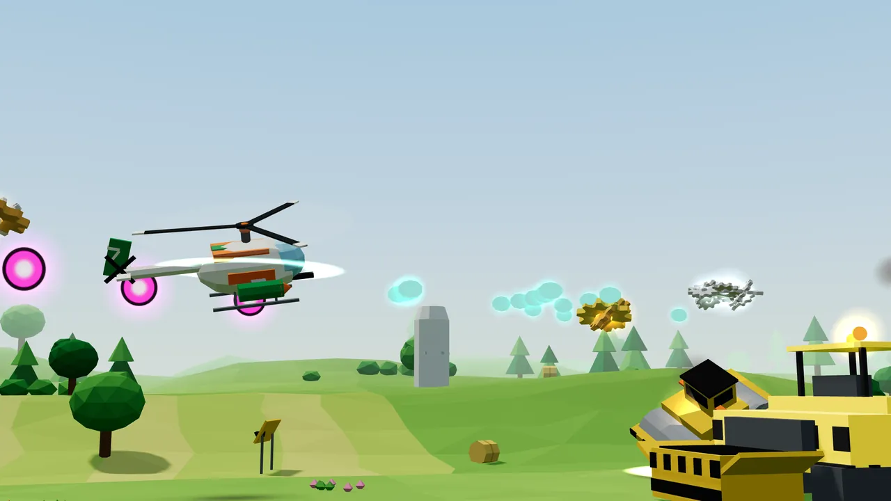 Over green hills under a pale blue sky, Thistle, a white helicopter with orange stripes, green pods and a green tail with the number 7, flies to the right past glowing magenta enemy shots, spraying a stream of teal droplets ahead, while golden and silver cogs burst in the air, a tall gray silo stands on the hill behind and a big yellow road roller with black stripes and an orange warning light rumbles in from the bottom right corner