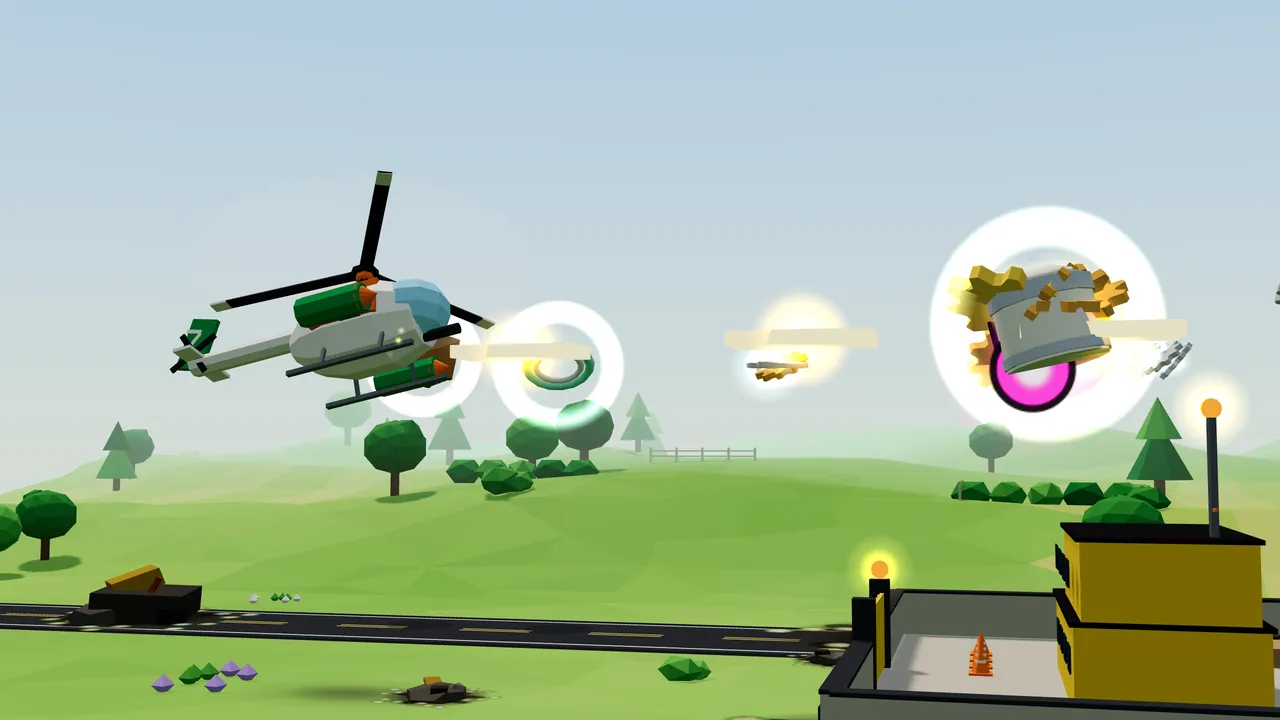 Above green hills under a pale sky, Thistle, a white helicopter with green pods, a blue glass canopy and a green tail fin with the number 7, fires bright tracers to the right past a glowing ring with a green hoop inside, toward a bigger glowing ring where a gray machine bursts apart in golden cogs over a magenta glow, while at the bottom right stands a yellow two-story office with a gray walled yard, an orange traffic cone and lamp posts, and a black road with yellow lines runs across the grass past small wrecks and colored crystals