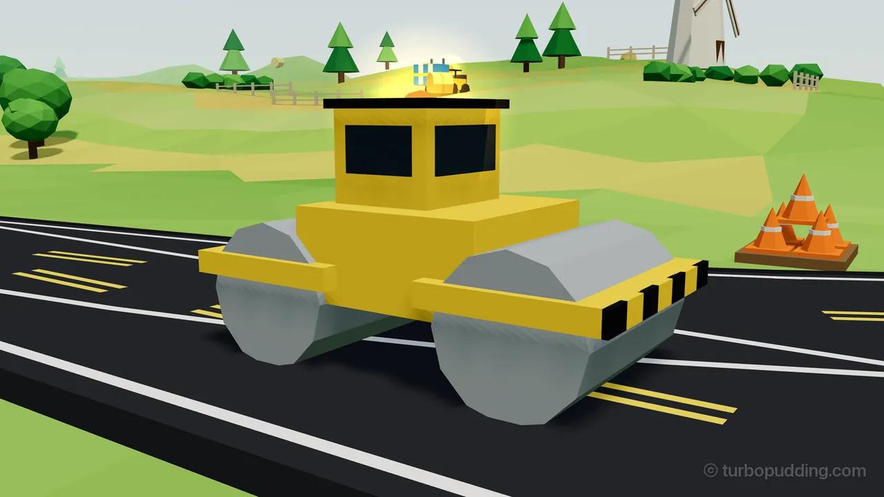 One of the Paver’s Rollers seen close up from the side on a black road in Roller Rows: a chunky yellow road roller with a square yellow cab with two dark windows and a flat black roof, a wide gray drum at each end, long yellow fenders and black and yellow stripes on one end; an orange stack of traffic cones sits on the grass at the right, and green hills with round trees, pine trees, wooden fences, hay bales and a white windmill rise under a pale sky, with a small yellow forklift carrying a blue crate glowing on the hill just behind the cab