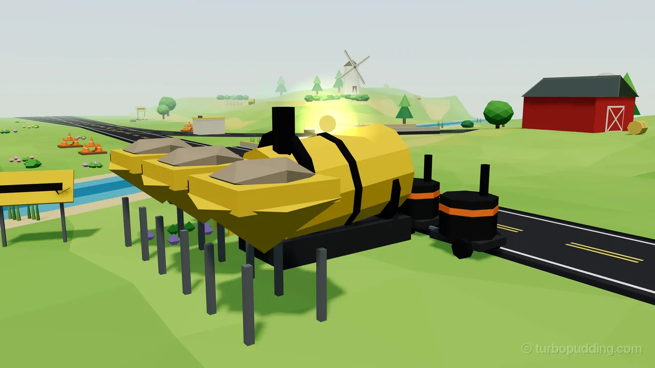 An asphalt plant of the Paver stands in the meadow in Roller Rows: three yellow Aggregate Bins heaped with gray-brown stone sit on tall dark gray legs at the left, the big yellow Drum Mixer with black bands and a black chimney lies behind them under a soft gold glow, and two black Bitumen Kettles with orange bands and short chimneys stand on a dark frame at the right, beside a black road with double yellow lines; a yellow road sign with a black arrow stands at the far left by a blue creek, orange cone stacks and small flowers dot the grass, and a white windmill on a hill, pine trees, a white shed and a red barn with a hay bale fill the background under a pale sky