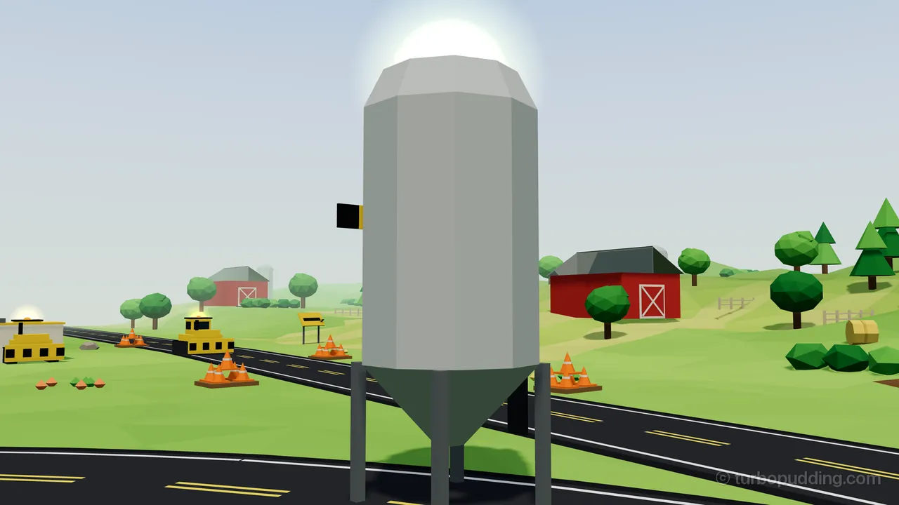 A Gravel Silo from Fresh Tarmac fills the middle of the picture: a tall pale gray tower with a many-sided rounded top and a cone-shaped bottom, standing on four dark gray legs by a black road with double yellow lines, with a soft gold glow over its roof and a small black and yellow striped panel on its left side; behind it, two yellow machines of the Paver with glowing beacons sit by the road at the left next to a white shed, orange cone stacks dot the grass, and two red barns, round green trees, pine trees, a wooden fence and a hay bale fill the green hills under a pale sky