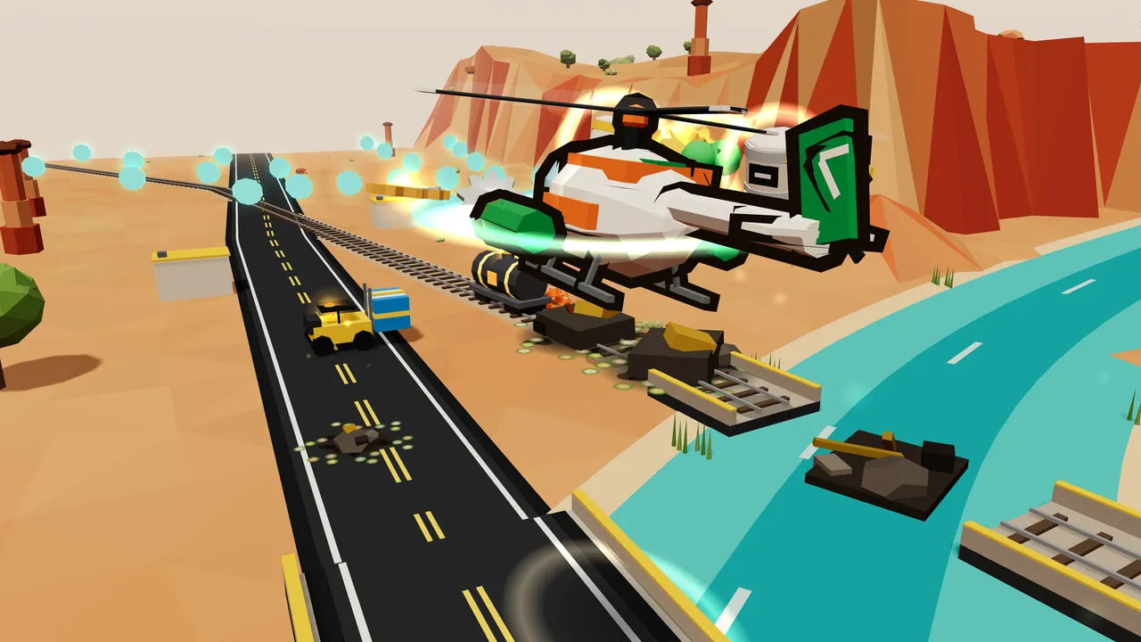 In Rustrock Canyon, Thistle flies low over a railway past a black tank car and broken wagons, spraying a fan of glowing teal droplets ahead, while on the road to her left a small yellow forklift carries a blue and yellow crate, with red cliffs behind, a turquoise river on the right and a broken rail bridge over it