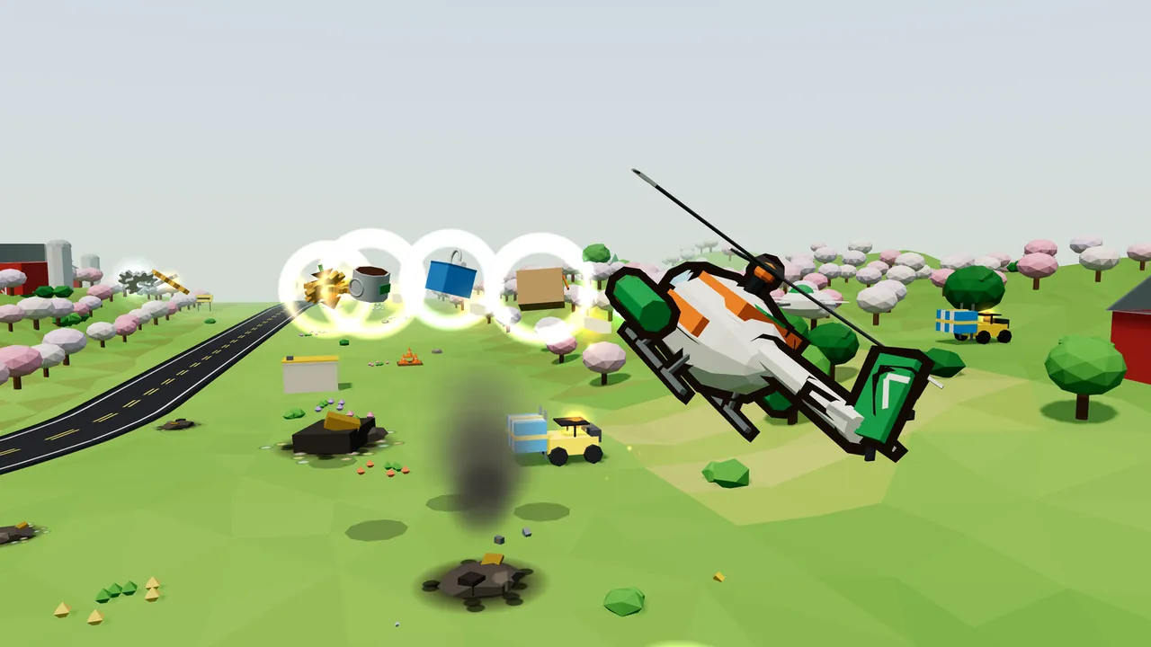Over Greenfold Meadows, Thistle, a white helicopter with orange stripes, green pods and a green tail, banks hard to the right, next to a row of four glowing rings, each holding a bonus: a glossy gold pinecone, a gray tin cup full of coffee with a green label, a blue lunch tin with a handle on top and a cardboard box with an orange tag, while below a small yellow forklift carries a pale blue crate across the grass past a smoking wreck, a black road and pink blossom trees