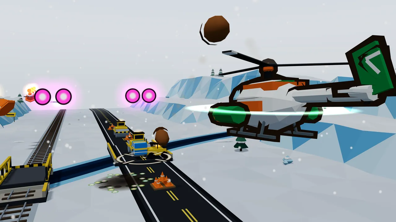 On Rimeridge Glacier in falling snow, Thistle hovers beside the road with a huge brown acorn shell flying high above her rotor, while a second acorn drops onto a yellow forklift with a blue crate inside a white aiming ring on the road, with two pairs of glowing magenta enemy shots ahead, a railway on the left and blue ice cliffs behind