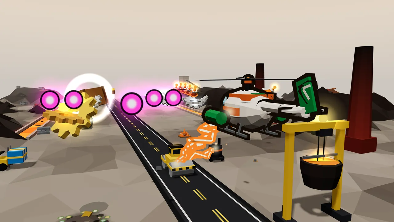 In Cinderworks, a gray plain of ash with dark slag hills and tall rust-red chimneys, Thistle sends a crackling orange zigzag arc down onto a yellow road roller on a black road, next to a yellow gantry holding a ladle of glowing orange metal, while a row of five glowing magenta enemy shots and a spray of golden cogs hang in the air on the left