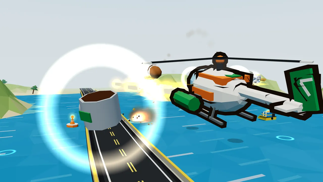 Over the blue sea of Saltwind Reach, Thistle, a white helicopter with orange stripes, green pods and a green tail, flies beside a big gray tin cup full of coffee with a green label inside a glowing ring, above a road laid across the water, with a brown acorn shell in the air, a splash of fire on the waves, an orange buoy and a small boat with a striped crate behind her