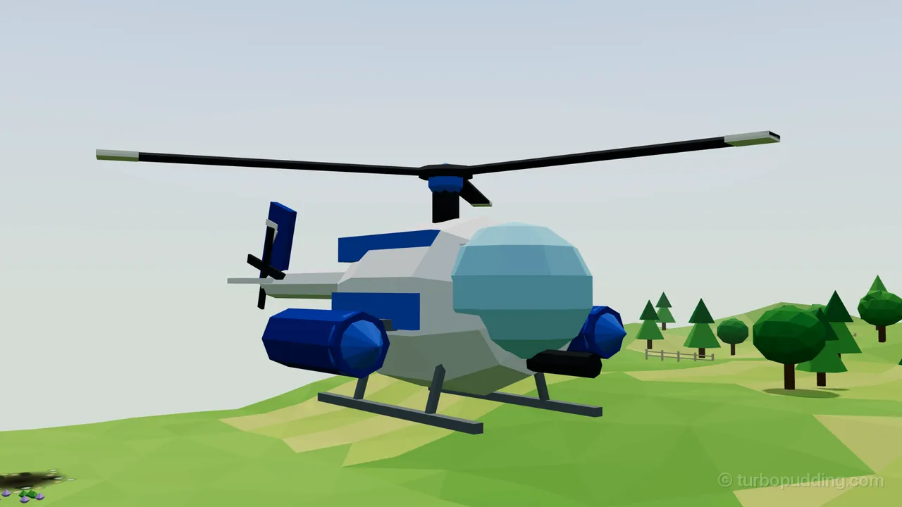 Thistle in Cornflower hovers over a green meadow under a pale sky, seen from the front at a slight angle: a round white helicopter with a big round blue glass canopy, two deep blue hoppers with bright blue nose cones on short gray stub wings, bright blue bands along her side and on her back behind the canopy, a dark nose cannon, gray skids, a deep blue fin at the end of a long white tail boom, a blue cap on the rotor and long dark rotor blades with pale tips; below her the grass rolls away to a wooden fence, pine trees and round leafy trees on the right, and a small scorched patch ringed with flowers lies at the bottom left