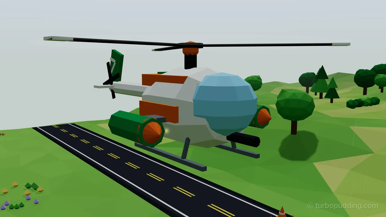 In the drizzle of Wet Gravel, Thistle in Ranger Stock hovers beside a long black road with yellow center lines, seen from the front at a slight angle: a round white helicopter with a big blue glass canopy, two green hoppers with orange nose cones on short stub wings, orange bands along her side and on her back behind the canopy, an orange cap on the rotor, a dark nose cannon, gray skids and a green fin with a white mark at the end of her tail boom; round leafy trees and pines stand on the green hills behind her, a few small flowers grow at the bottom left, and an orange traffic cone peeks in at the bottom edge