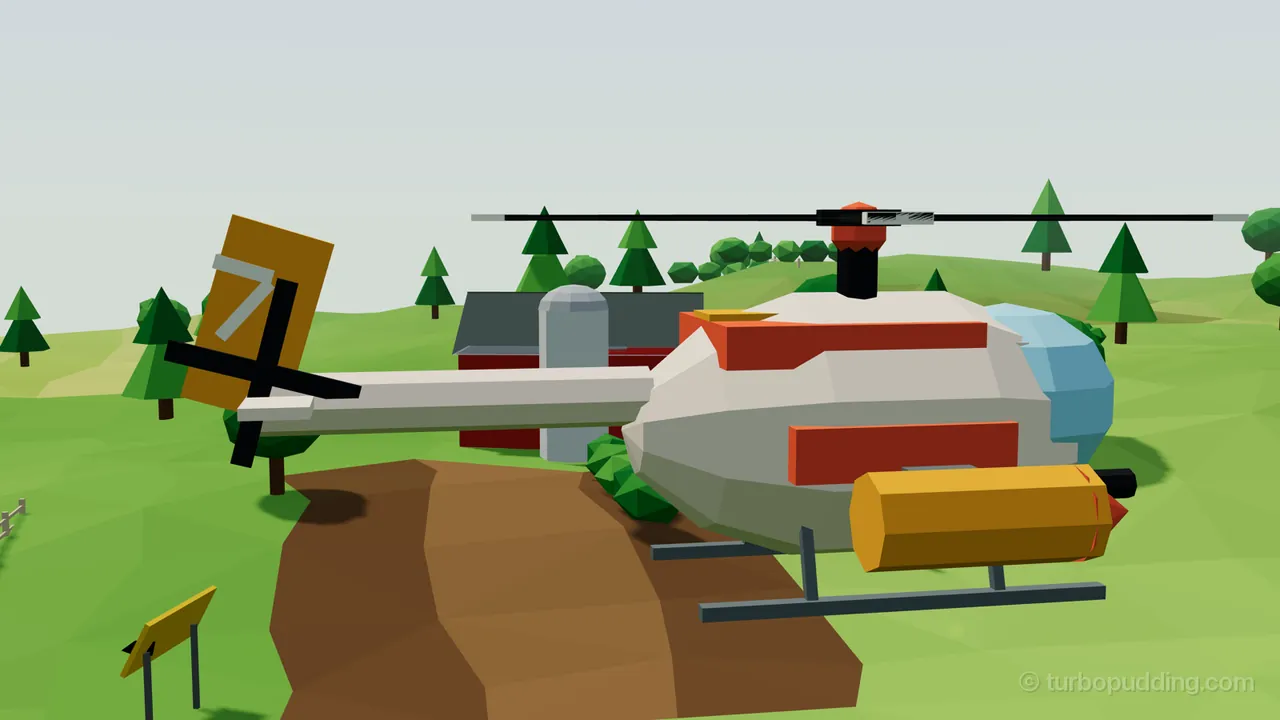 Thistle in Sunrise, seen from her right side, hovers over a brown dirt track that runs down a green slope: a cream helicopter with red-orange bands along her side and on her back, a thin golden line on top, a golden yellow hopper with a red-orange nose cone on her stub wing, a red-orange cap on the rotor and a long cream tail boom that ends in a golden fin in shade, with a big pale number 7 on it above the black cross of the tail rotor; behind her stand a red barn with a gray roof and a tall gray silo among pines and round trees, and a yellow road sign leans at the bottom left