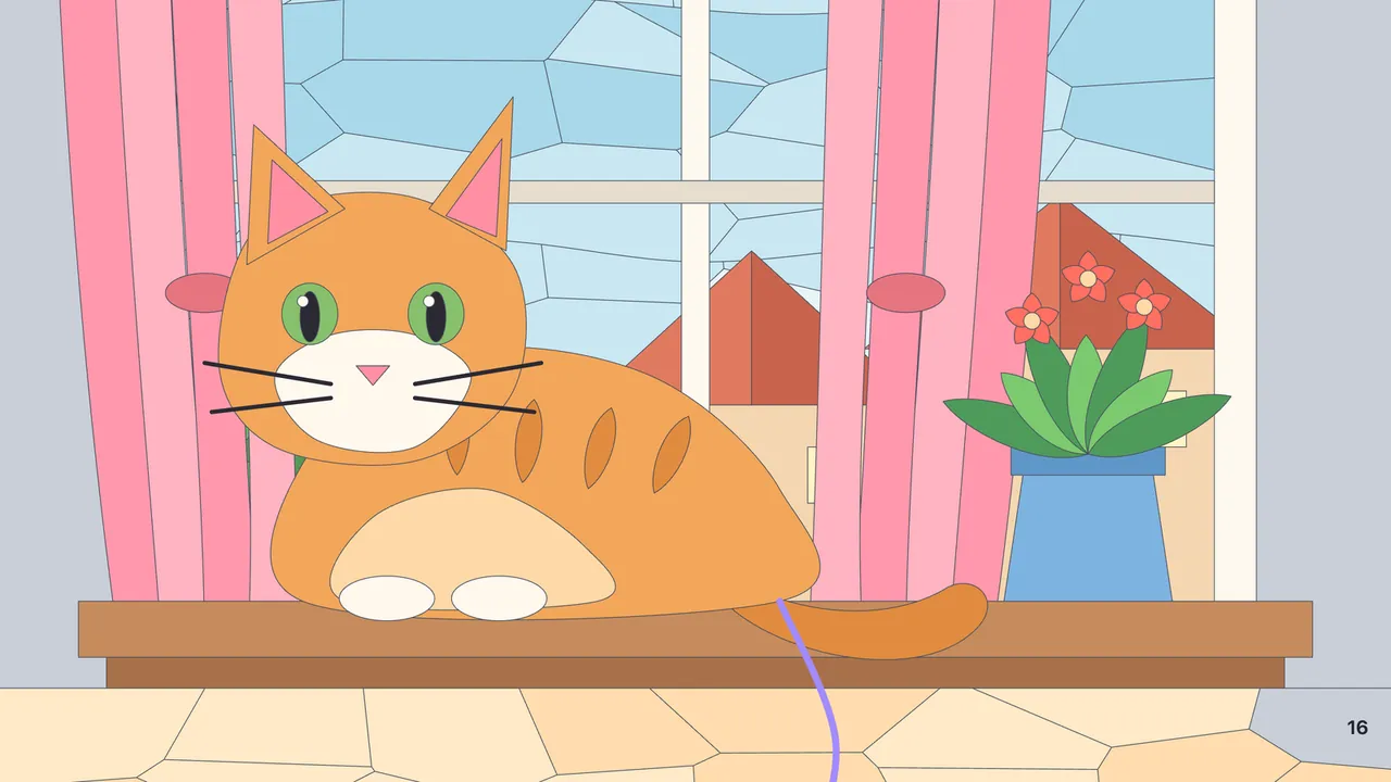 An orange striped cat lying on a wooden windowsill between pink curtains, a pot of red flowers beside her and a purple ball of yarn hanging down, one gray cell marked 16 left on the floor