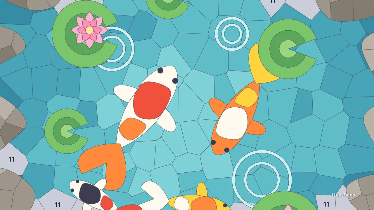 Koi fish in red, orange, white, black and yellow swimming between green lily pads and ripples in a turquoise pond, a pink water lily on one pad and a few numbered cells left by the stones at the edges