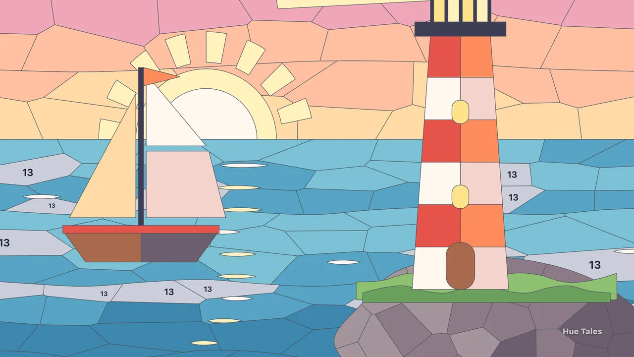 A red and white striped lighthouse on gray rocks and a small sailboat on a blue sea under a peach sunset, a few gray cells marked 13 still left in the water
