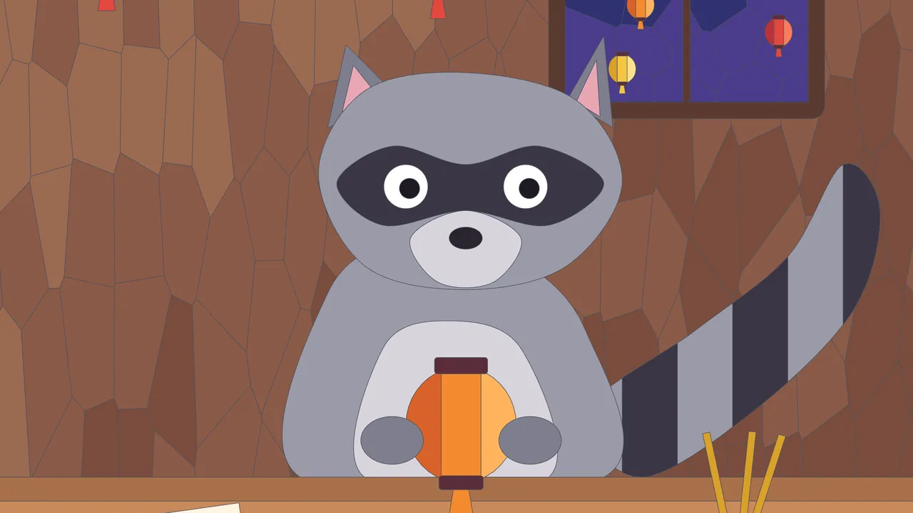 A gray raccoon with a black mask and a striped tail sitting at a wooden table and holding an orange paper lantern, red and yellow lanterns hanging from the ceiling and a window onto a purple night sky behind her