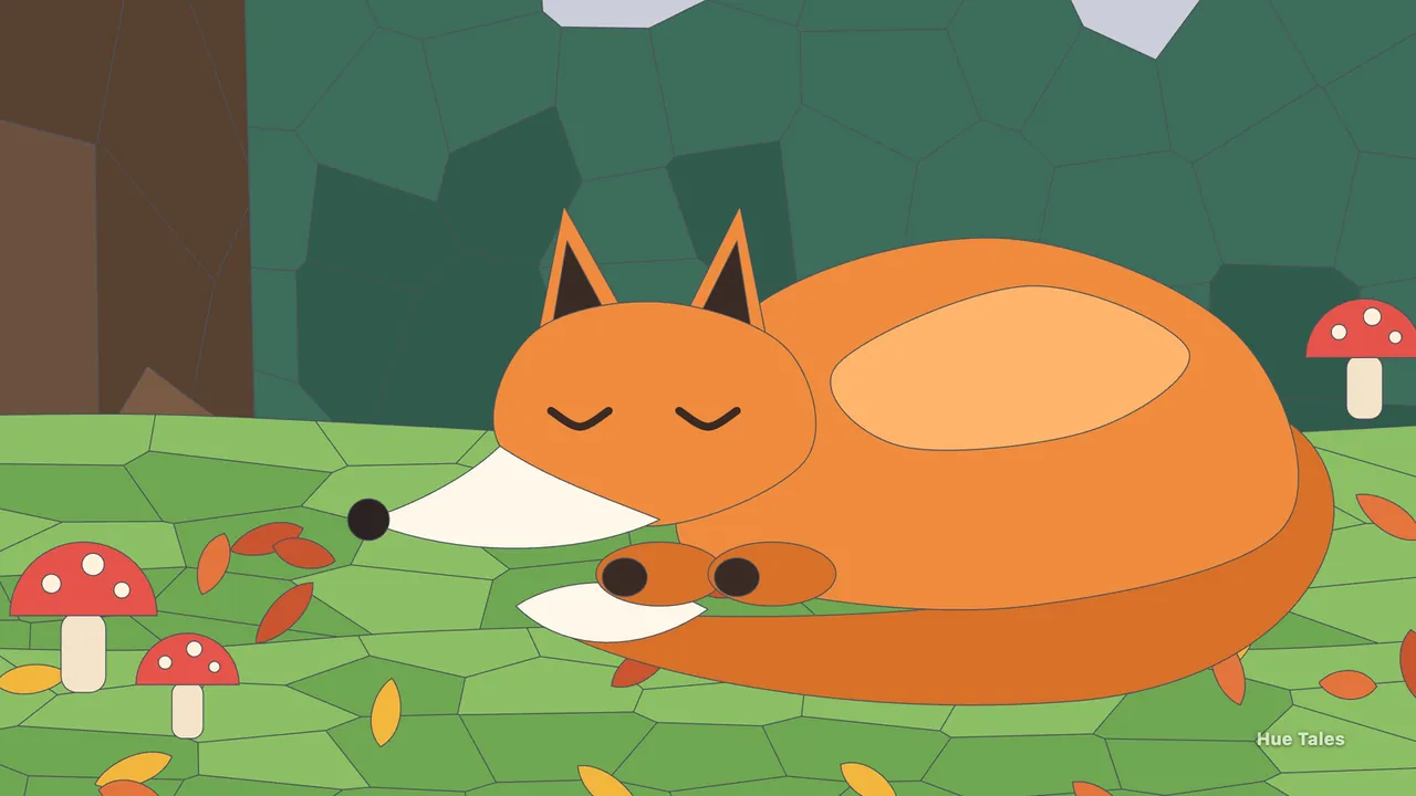 An orange fox asleep with her eyes closed on green grass in a dark forest, red mushrooms with white spots and yellow and orange leaves around her