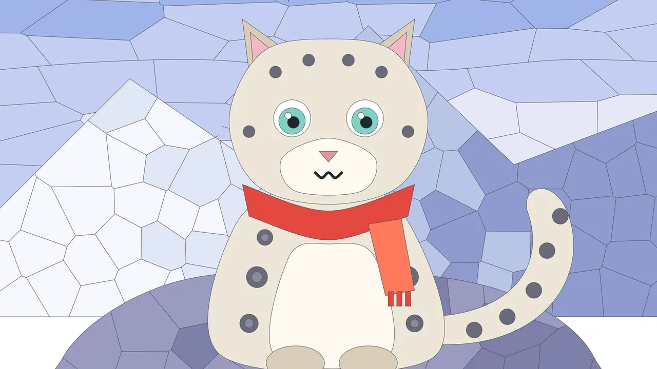 A white snow leopard cub with gray spots, turquoise eyes and a red scarf sitting on a snowy rock in front of white and lilac mountains
