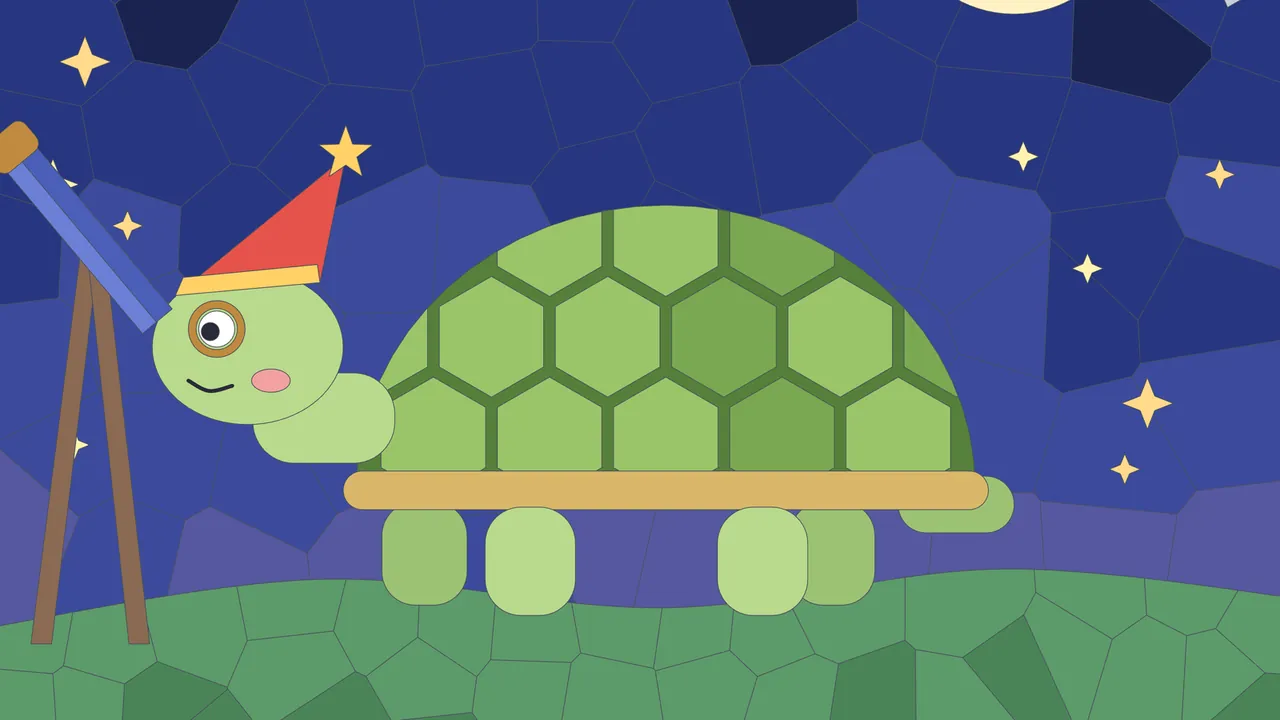 A green tortoise in a red pointed hat with a gold star and a monocle, standing on a green hill next to a telescope, under a dark blue sky full of yellow stars