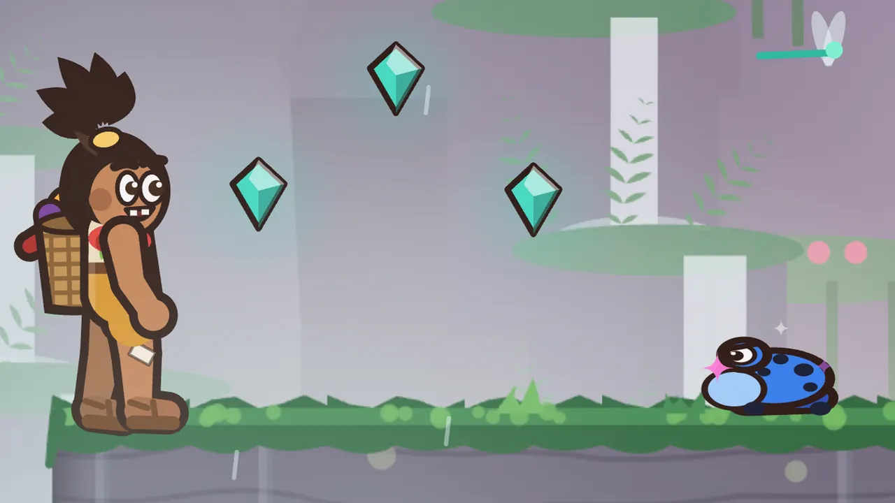 On a mossy stone ledge at Thunderveil Falls, a bright blue poison dart frog with black spots crouches low on the right with its big pale blue throat puffed out and one eye on Tavo, a pink sparkle by its face, while Tavo, a boy with a topknot and a woven fruit basket on his back, stands at the left edge of the ledge facing it; three teal gems float in the misty air between them, a dragonfly hovers in the top corner, and pale stone pillars with green ledges and leafy vines fade into the lilac mist behind