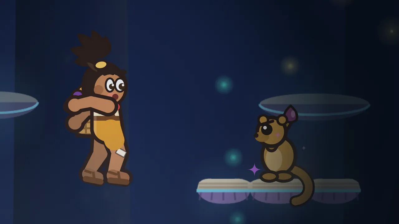 In the dark blue Glowwood at night, a honey-gold kinkajou with round ears, a big dark eye and a long tail curled down over the edge sits on a glowing mushroom shelf and holds a purple fig up behind its head, ready to throw it, with a violet sparkle by its feet, while Tavo, a boy with a topknot and a woven basket on his back, jumps through the air on the left with his arms crossed and his eyes wide; pale floating mushroom caps and soft teal and golden specks of light hang in the darkness around them