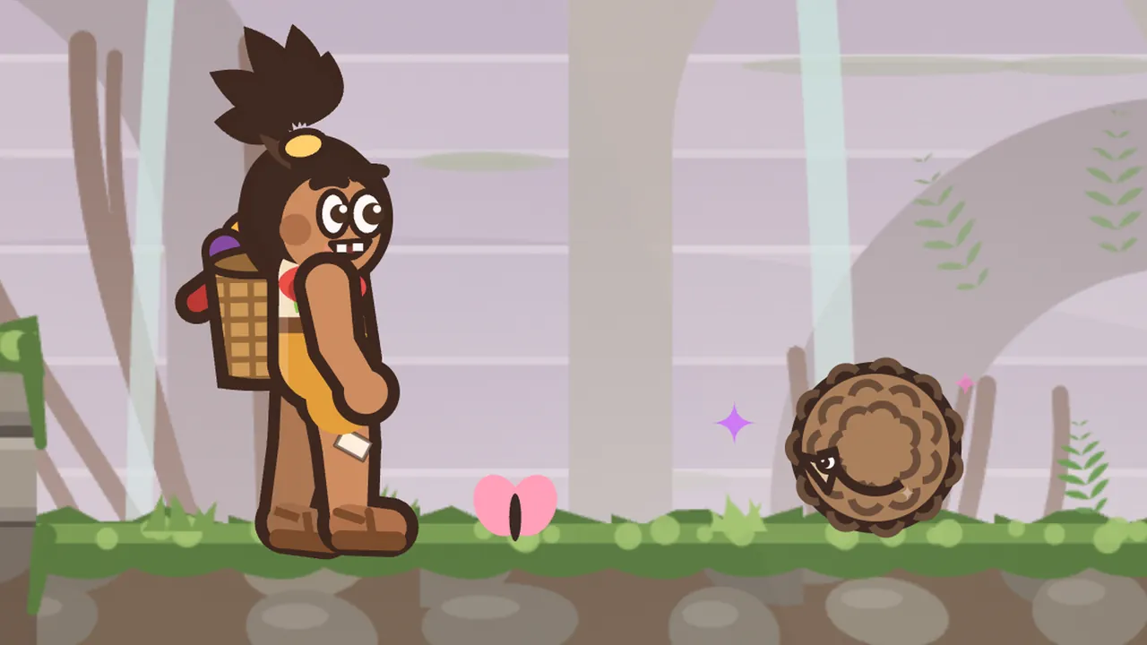 In Mossgate Ruins, a pangolin curled up into a tight brown ball of overlapping scales, with one eye and the tip of its snout peeking out, sits on a mossy stone ledge with two violet sparkles of the Baron’s Dazzle beside it, while Tavo, a boy with a topknot and a woven fruit basket on his back, stands a few steps away and looks at it with wide eyes; a pink butterfly rests on the grass between them, and pale stone arches, thin waterfalls and leafy vines fill the misty lilac background