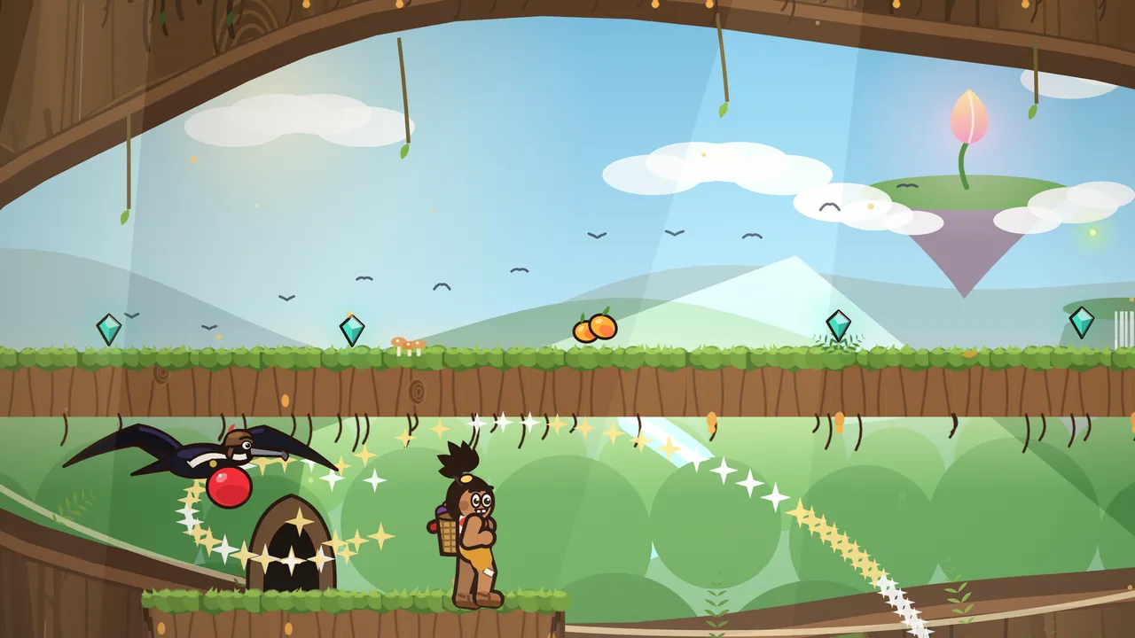Inside a hollow tree with a huge opening onto the sky, Captain Bellows with his red throat pouch puffed up circles a dark arched door in the wood, leaving a looping trail of gold and white sparkles, while Tavo stands on a grassy ledge beside the door; through the opening a grassy strip with teal gems and two oranges, green hills, birds, white clouds and a small floating island with a big pink bud on top