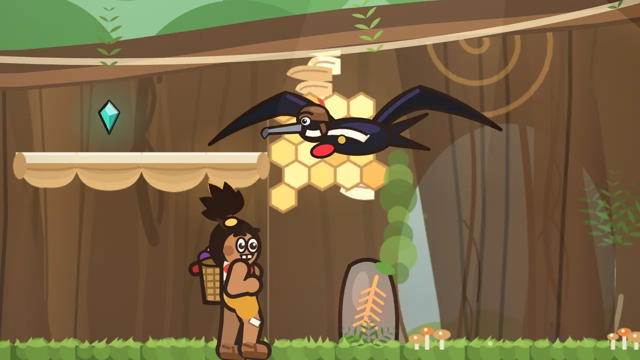 Captain Bellows, a black frigatebird with long narrow wings, a leather flying helmet with a red feather badge, a long gray hooked beak, a white scarf and a small red throat pouch, hovers in front of a glowing honeycomb inside a giant hollow tree, while Tavo, a boy with a topknot and a fruit basket on his back, stands below him with his arms crossed beside a gray stone carved with an orange feather, a teal gem floating over a wooden ledge to the left