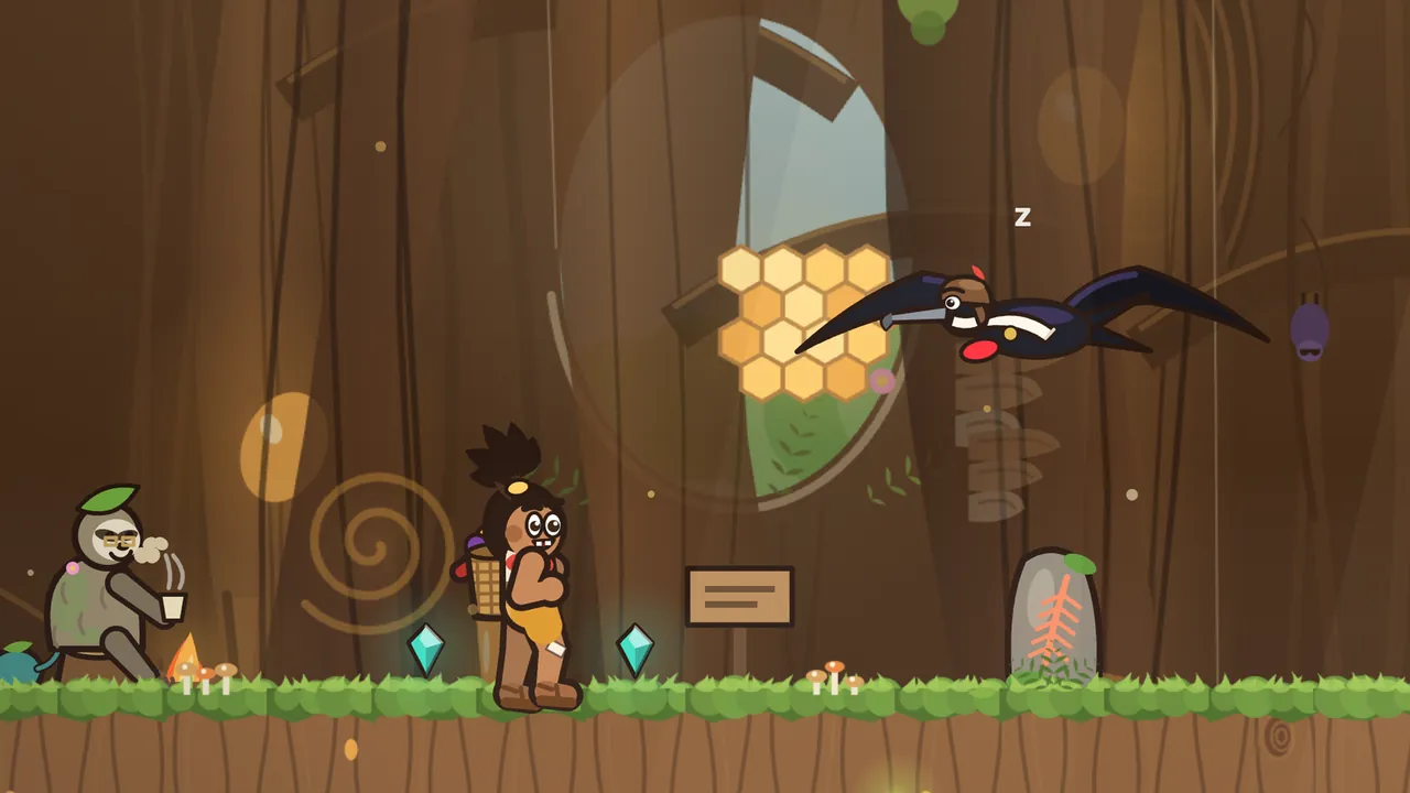 Inside a hollow tree, Old Lento, a gray sloth with a green leaf on his head and half-glasses, sips a steaming cup of tea by a small campfire, Tavo stands in the middle by two teal gems and a wooden sign, and Captain Bellows hovers over a gray stone carved with an orange feather beside a glowing honeycomb, a small white z floating up above him, a bat hanging asleep on the right