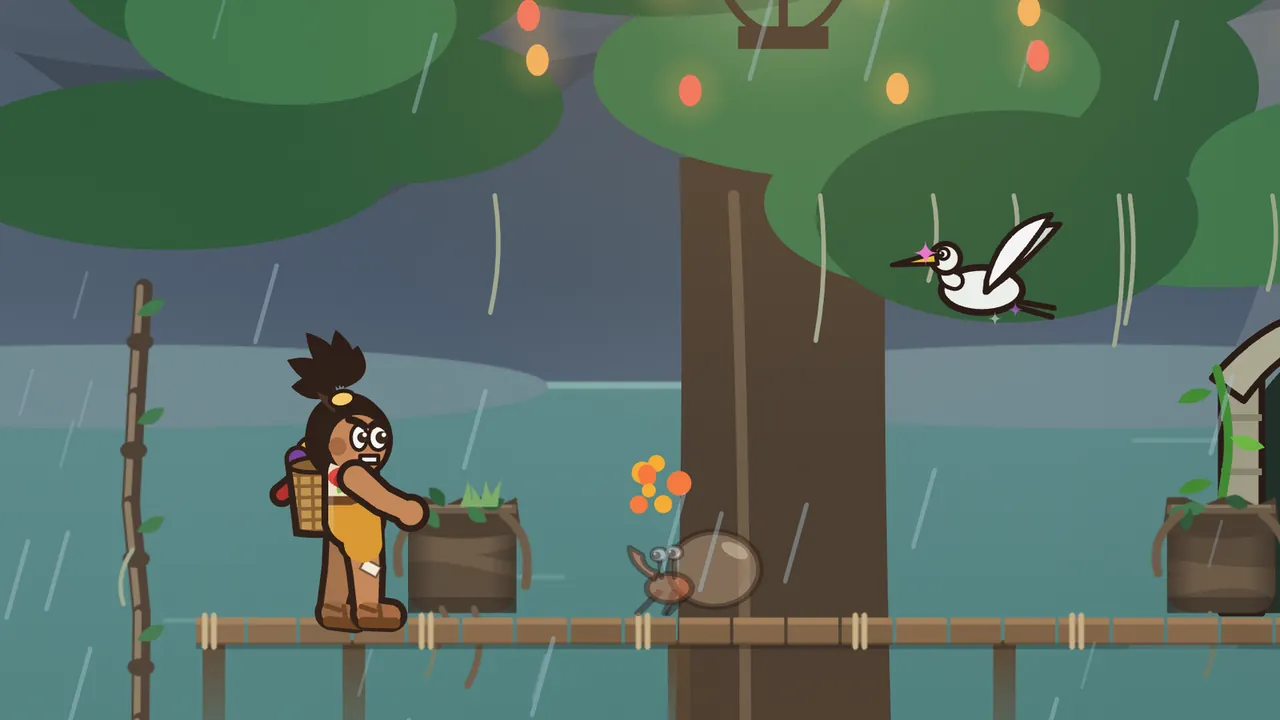 Tavo, arm stretched out after a throw, stands on a wooden pier over gray-green water in the rain in the Tidewood mangroves, as his mango bursts into orange splashes on a hermit crab in a round shell a few steps ahead, with a wooden tub of plants beside him, a big tree hung with a lantern and glowing orange fruit over the pier, a white heron with a pink sparkle on its beak flying under the leaves and a stone doorway on the right