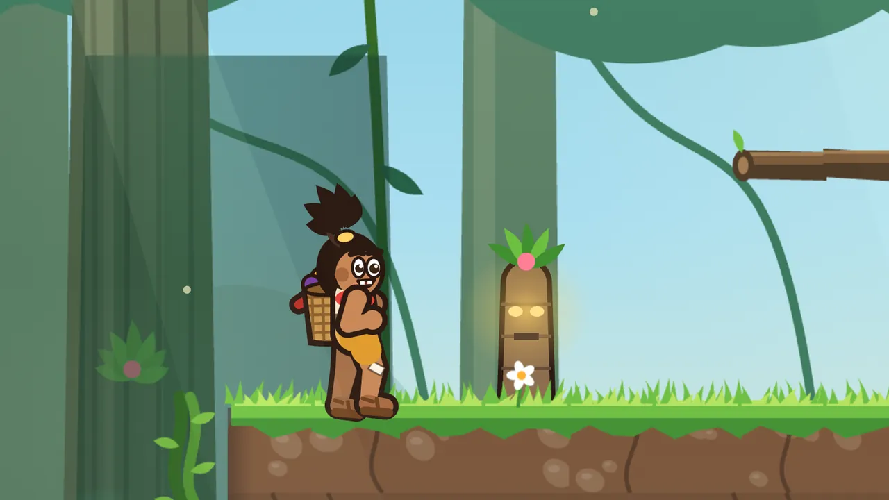 Tavo, a boy with a spiky topknot, an orange outfit and a woven fruit basket on his back, stands on a grassy ledge in the sunny canopy forest next to a carved wooden totem whose eyes glow yellow and whose crown of green leaves has opened around a pink flower, with a white daisy at its foot, tall tree trunks, hanging vines and a wooden log ledge behind them