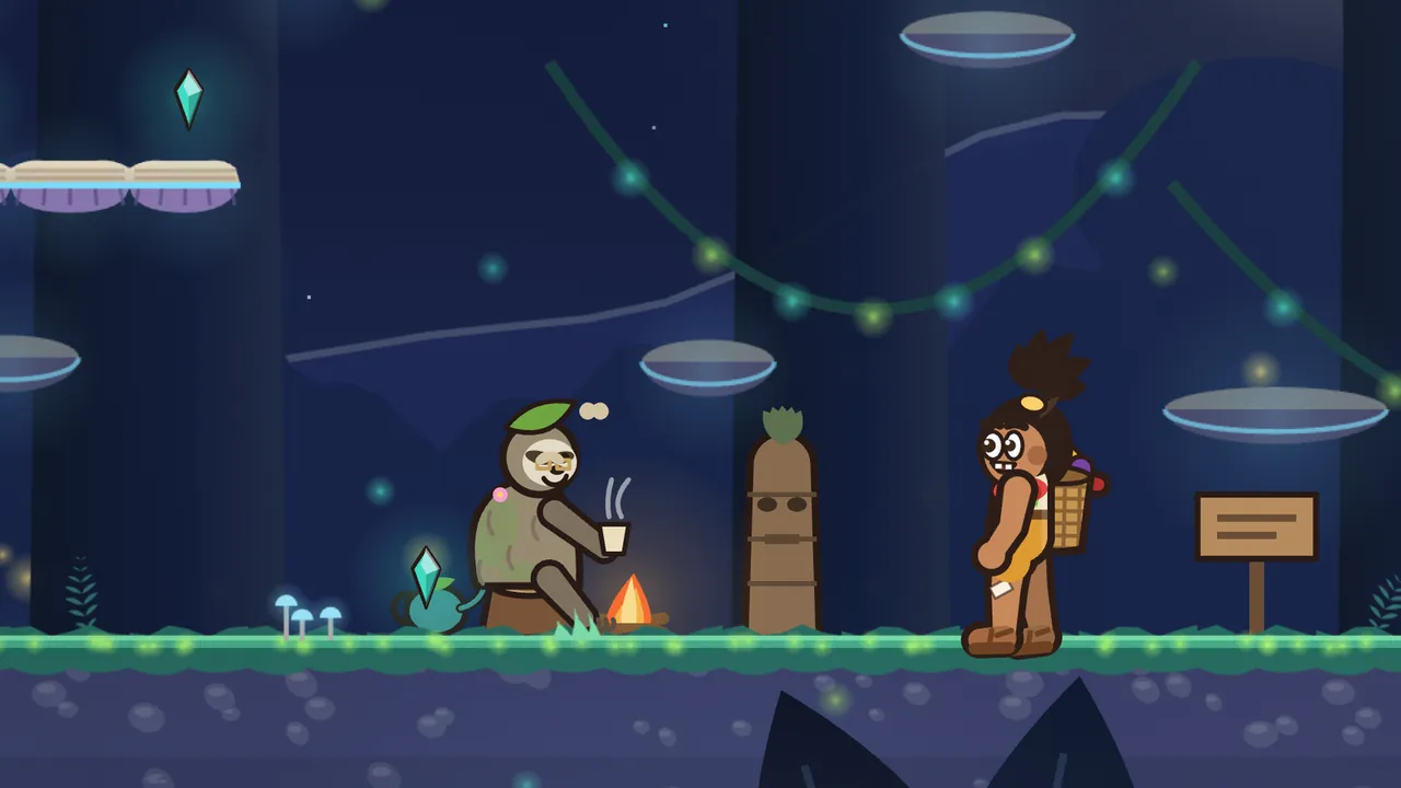 At night in the Glowwood, Old Lento, a gray-green sloth with a leaf on his head and a pink flower on his shoulder, sits on a stump by a small campfire holding a steaming cup of tea, with a teal teapot and a glowing teal gem beside him, while Tavo, a boy with a spiky topknot and a woven fruit basket on his back, stands nearby next to a carved wooden totem and a wooden signpost, under dark tree trunks hung with glowing firefly vines, floating glowing mushroom caps and a glowing gem over a pale mushroom ledge