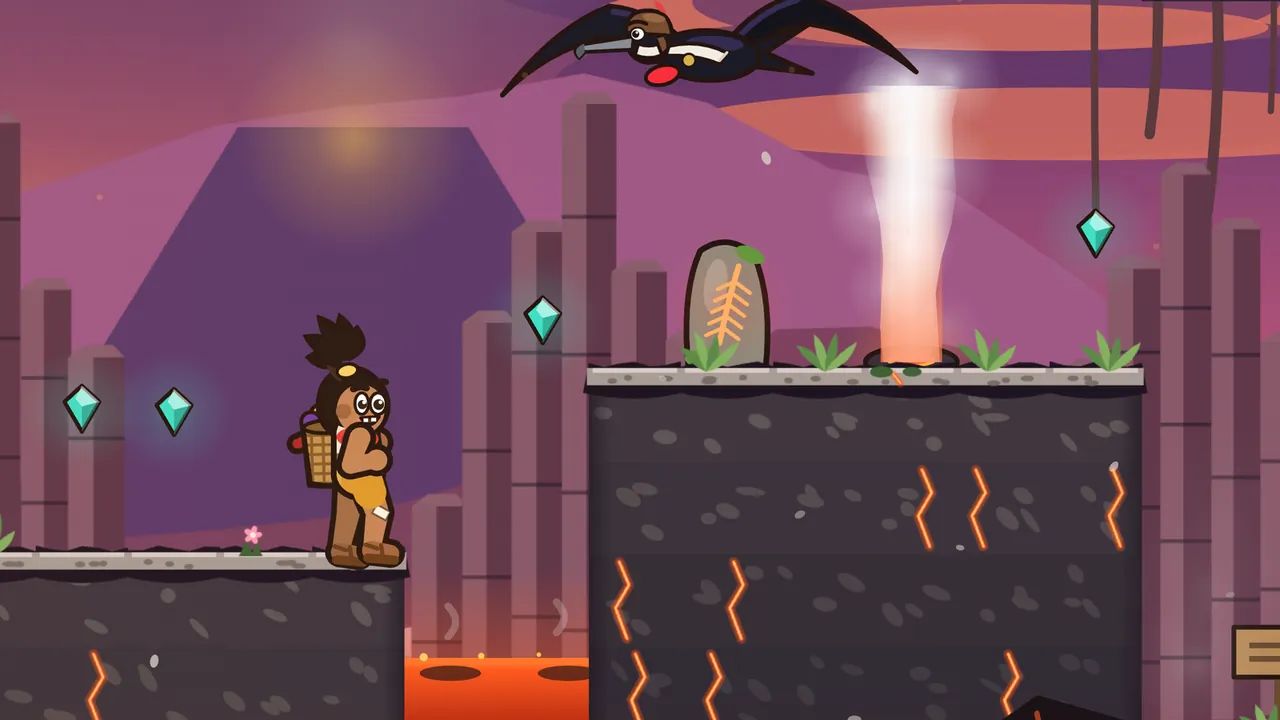 On Ember Peak, Tavo stands at the edge of a dark basalt ledge above a narrow pool of glowing orange lava, looking at a tall column of white steam with a pink-orange base shooting up from a vent on the next ledge, beside a gray stone carved with an orange feather, while Captain Bellows, a black frigatebird with a red throat pouch, a leather flying helmet and a white scarf, glides overhead and teal gems float in the air in front of basalt columns and a purple volcano under a pink sunset sky