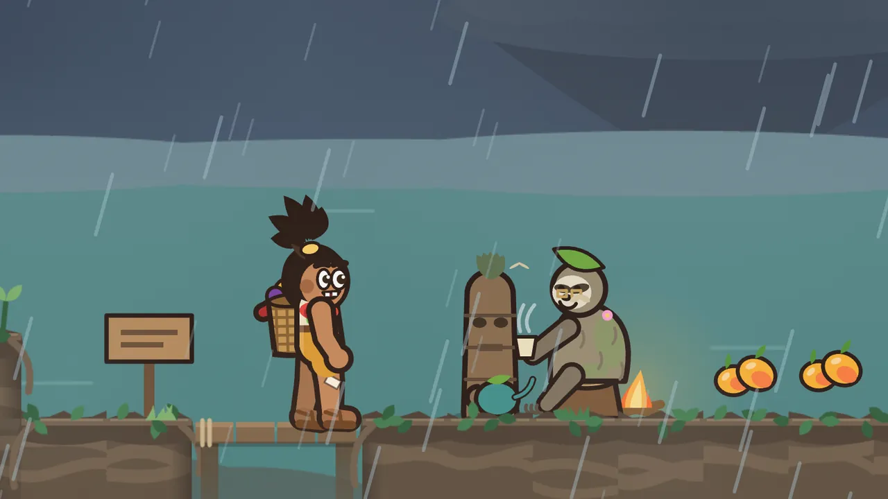 Tavo with his fruit basket stands on a muddy riverbank in heavy rain, facing Old Lento, a gray-green sloth with a leaf on his head and sleepy half-closed eyes, who sits on a stump holding out a steaming cup of tea beside a small campfire and a teal teapot with a leaf for a lid, next to a carved wooden totem, with a wooden signpost on the left, a little plank bridge over the water, four orange fruits on the ground and a gray sea and stormy sky behind