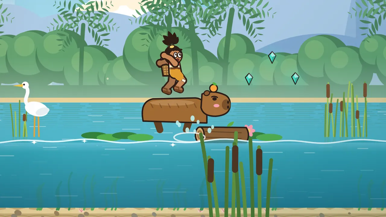 Dumpling, a brown capybara with a long loaf-shaped body and a little orange on his head, leaps out of the river with his legs stretched out to hop a floating log, shaking off drops of water, while Tavo, tossed off his back, flies above him with his knees tucked up and a basket on his back; a white heron stands in the reeds on the left, lily pads float on the blue water, tall cattails rise in front of the log and three teal gems hang in the air over the green trees on the far bank