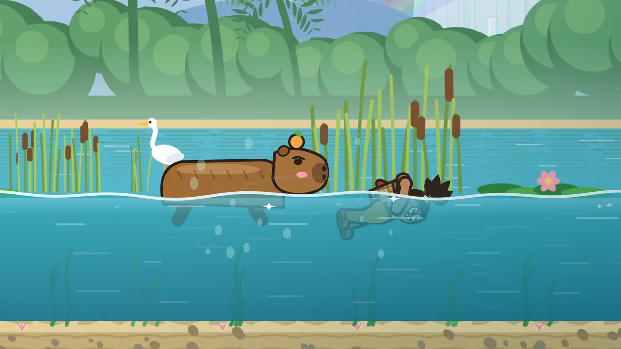 Tavo has fallen into Ribbon River and swims just under the surface, with only his spiky hair and his basket poking out of the water, while Dumpling, a brown capybara with a pink cheek and an orange on his head, paddles toward him with his legs under the water and a few bubbles rising around him; a white heron stands in the reeds behind Dumpling, tall cattails grow by the far bank and a pink water lily blooms on a lily pad on the right