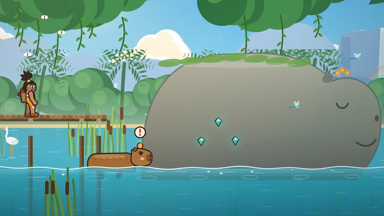 Tavo, a boy with a spiky topknot and a basket on his back, stands on a little wooden jetty at the start of Ribbon River, while Dumpling, a brown capybara with a long loaf-shaped body, a pink cheek and a little orange with a green leaf on his head, waits in the water below with a red exclamation mark in a cream bubble over his head; behind him, a huge gray stone shaped like a sleeping capybara, with a closed eye, a gentle smile, moss along its back and orange flowers on its head, lies in the river among reeds and cattails, with a white heron by the jetty posts, three teal gems in the air and leafy trees above