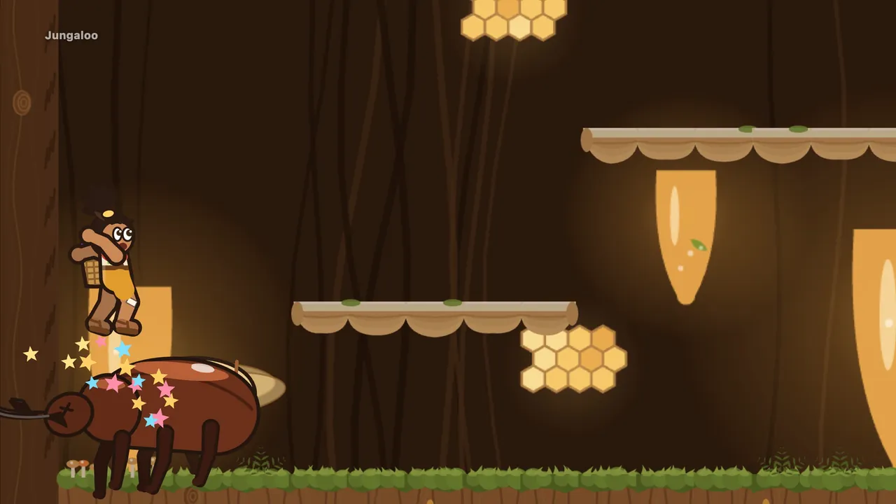 A dark hall inside the hollow tree with glowing amber resin and pale honeycomb on the walls: Tavo, the boy with the topknot and the fruit basket, lands feet first on the back of Clatterhorn, a huge brown stag beetle who has run his horns into the wooden wall on the left; a burst of yellow, pink and blue stars flies up from the beetle’s shell, and two long wooden shelves hang across the hall above
