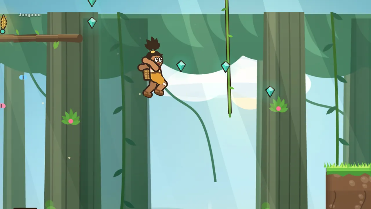 Sunrise Canopy: Tavo, the boy with the spiky topknot and the woven fruit basket, flies straight up through the air with his knees pulled in, past teal gems that float between tall green tree trunks; a long liana hangs from the canopy on the right, a branch with a small golden feather on its tip reaches in from the top left, pink flowers grow on the trunks and a grassy ledge waits at the bottom right