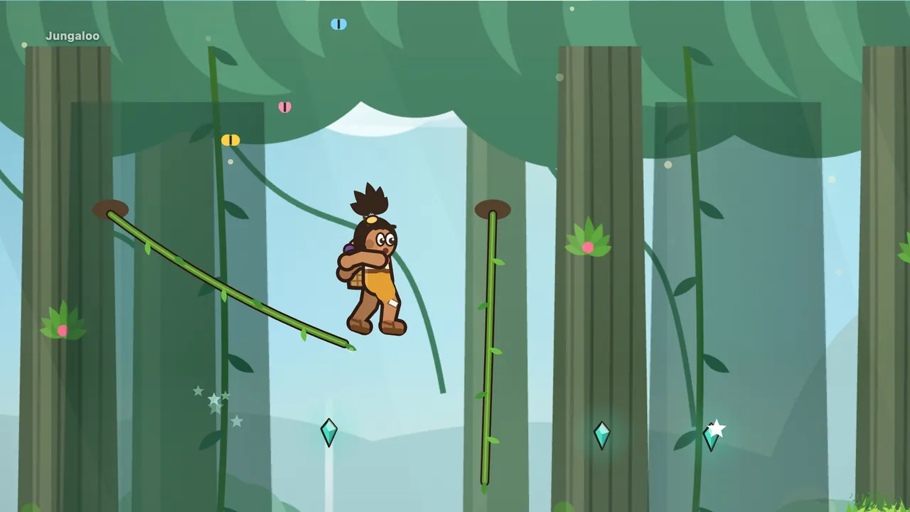 Sunrise Canopy in soft morning light: Tavo, a boy with a spiky black topknot, big round eyes and a woven fruit basket on his back, flies through the air between two lianas that hang from knots in the tall green tree trunks; the liana he has just let go of swings away behind him on the left, the next one hangs straight down ahead of him, three teal gems float low under the canopy, pink flowers sprout from the trunks and little butterflies flutter near the leaves at the top