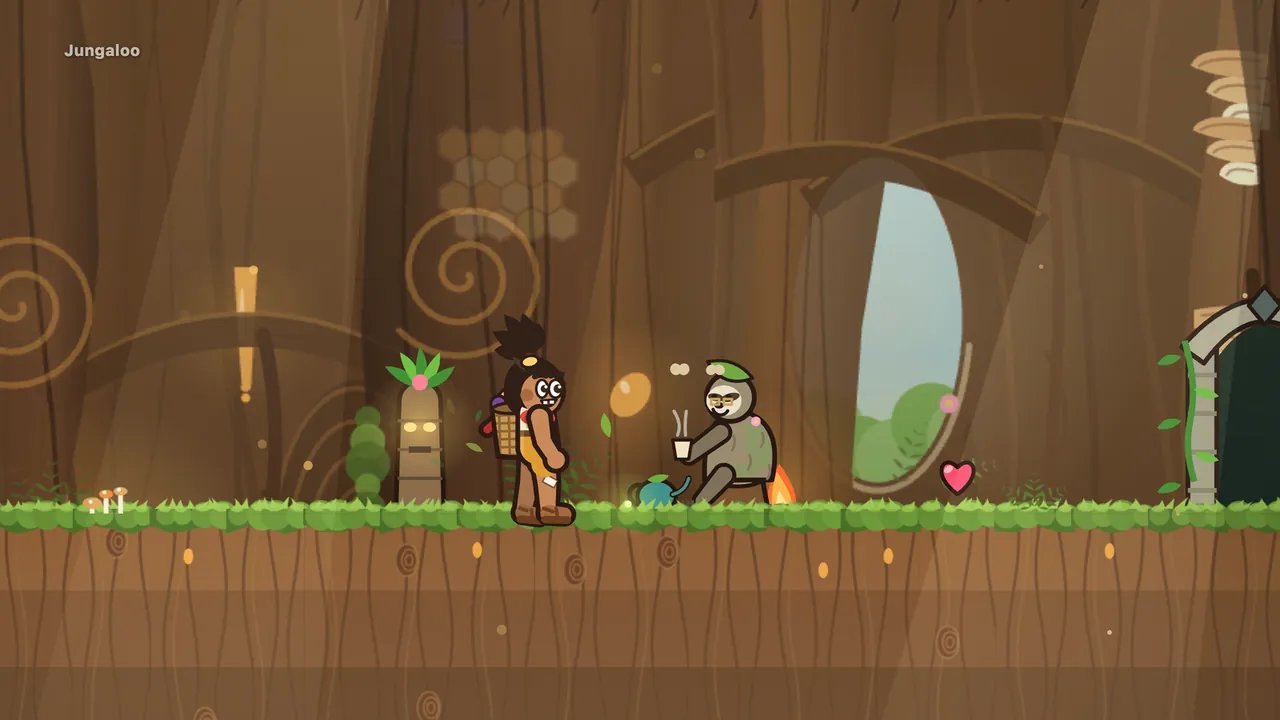 Inside the hollow tree, lit warm and amber: Tavo stands on a mossy floor of roots, grinning, next to a small carved wooden totem with glowing eyes and a leafy crown; in front of him Old Lento, a gray sloth with a leaf on his head and sleepy closed eyes, sits by a tiny campfire holding up a steaming cup of tea, with a teal teapot at his feet; a pink heart floats ahead, an oval window in the trunk shows green leaves outside and a stone archway covered in vines stands at the right edge