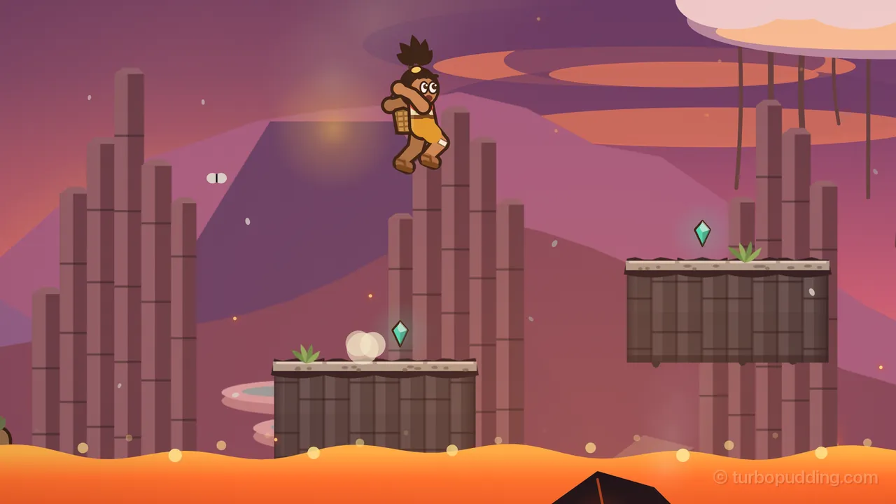 Ember Peak at sunset, in purple, pink and orange: Tavo, the boy with the spiky topknot, the orange outfit and the basket of fruit on his back, leaps high through the air with his knees tucked, a puff of dust left behind on a ledge of dark basalt blocks below him; a teal gem glows over that ledge and another over a higher ledge on the right, little green tufts grow on both, and a sea of glowing orange lava with bright bubbles fills the bottom of the picture; tall stone columns stand around them, a dark volcano rises behind, and a pink cloud with roots hanging from it floats at the top right
