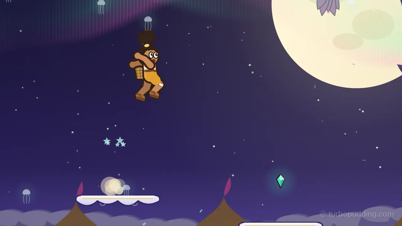 Plumehall at night under a starry indigo sky with a faint pink and green glow at the top: Tavo, a boy with a spiky dark topknot tied with a yellow band, big round eyes, an orange outfit, sandals and a woven basket on his back, leaps high through the air with his knees tucked, drawn large; below him a flat white cloud step with a thin golden line and a puff of dust on it floats over a sea of lilac clouds, from which rise brown onion-shaped domes with pink tips, and the edge of a second cloud step shows at the bottom right; a teal gem glows in the air between them, a few pale teal stars sparkle, see-through jellyfish drift in the sky, and a huge pale yellow moon fills the top right corner with a small purple bat hanging in front of it