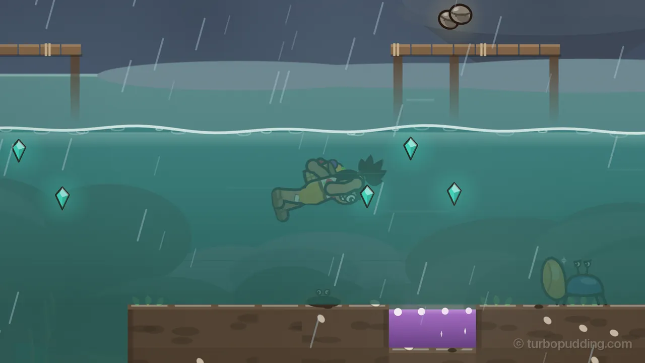 Tidewood Mangroves at high tide in the rain: Tavo swims underwater through green-blue water, stretched out with his spiky hair streaming back and his basket on his back, between five glowing teal gems; above the wavy line of the surface stand two wooden piers on tall posts, with two brown coconuts on the right one, under a dark gray sky full of rain; on the sandy bottom below him, a crab peeks out of the sand with only its eyes showing, a small patch of glowing purple poison water sits in the middle of the shoal, and a blue hermit crab with a big green shell walks along on the right