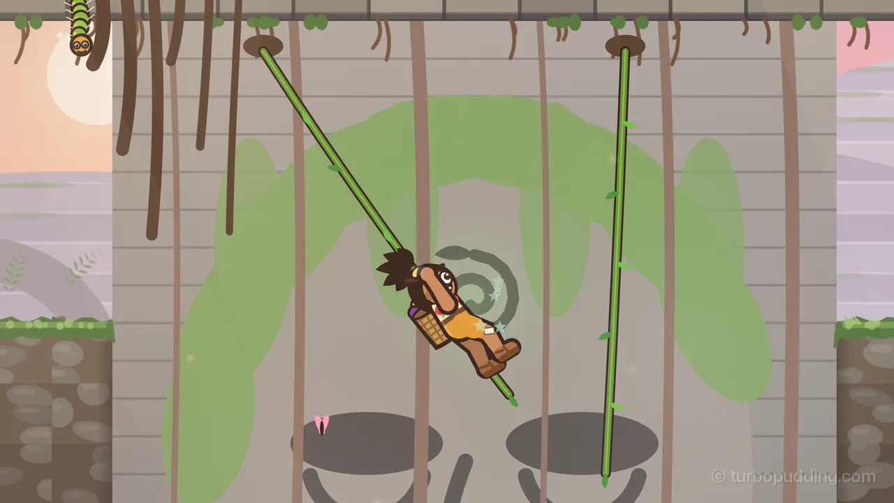 Mossgate Ruins at dawn: Tavo, a boy with a spiky dark topknot, big round eyes, an orange outfit, sandals and a woven basket on his back, swings on a long green liana that slants down from a ring in the stone ceiling, his knees tucked up and a little trail of pale teal stars behind him; behind him a huge gray stone wall carries a carved face half covered in pale green moss, with a spiral on its brow, two dark round eyes and a smile below, and thin brown roots hang down over it; a second liana hangs straight on the right, a green caterpillar dangles from the ceiling at the top left, a small pink butterfly flutters near the bottom, and mossy stone ledges and a peach sky with a pale sun show at both sides