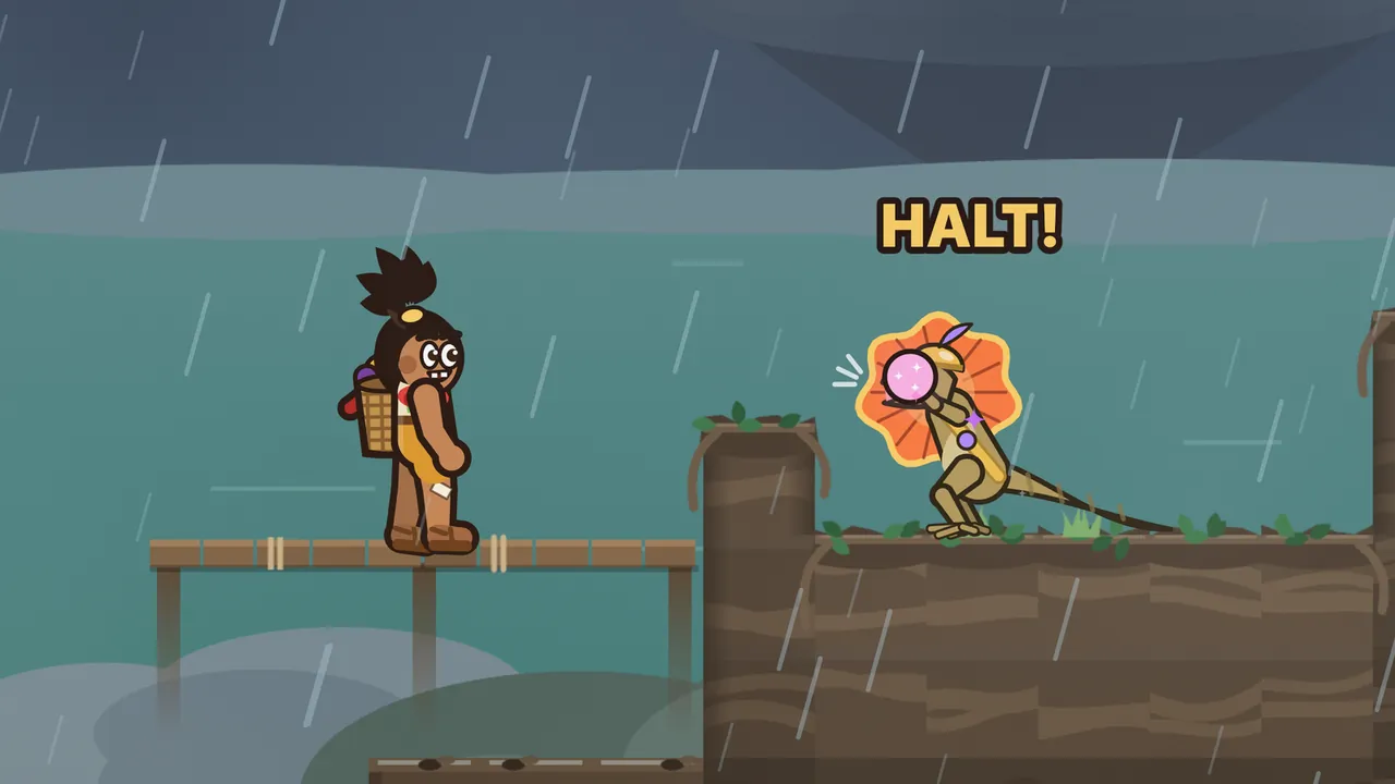 A rainy evening over gray-green water in Tidewood Mangroves: Tavo, a boy with spiky dark hair, a yellow tunic and a woven basket on his back, stands on a wooden dock on the left and looks at a Frillguard on a muddy bank on the right; the guard, a sandy-brown lizard standing on his hind legs in a little golden helmet with a purple feather, has flung open a big orange frill around his neck and holds up a pink sparkling glitter ball, and the word HALT! in bold yellow letters hangs over his head