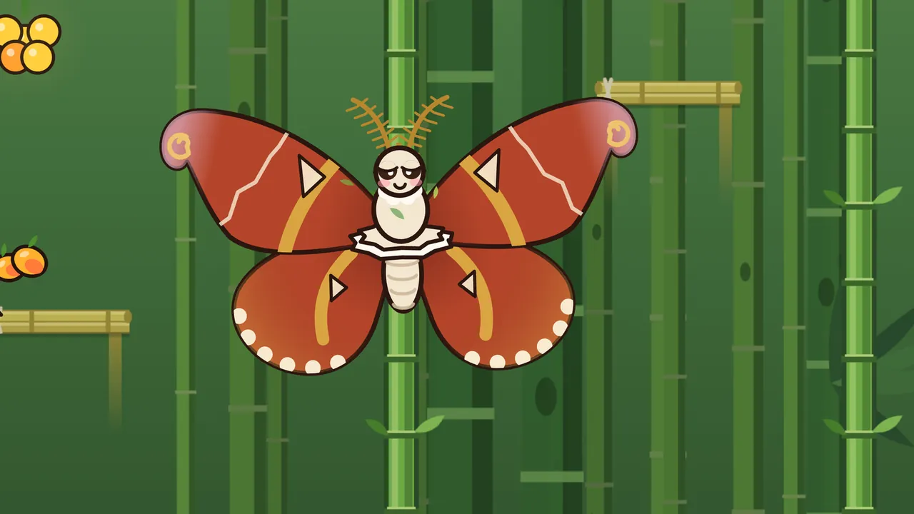 Duchess Dusk, a giant moth with wide rust-red wings striped in ochre, cream triangle windows, rows of cream dots along the lower edges and pink tips with little gold curls, rests with her wings spread on a tall green bamboo stem; she has a round cream face with sleepy eyes, pink cheeks and a small smile, two feathery golden antennae, a fluffy cream body and a white ruffled tutu, and more bamboo stems, two pole perches and a bunch of yellow and orange fruit fill the green grove around her