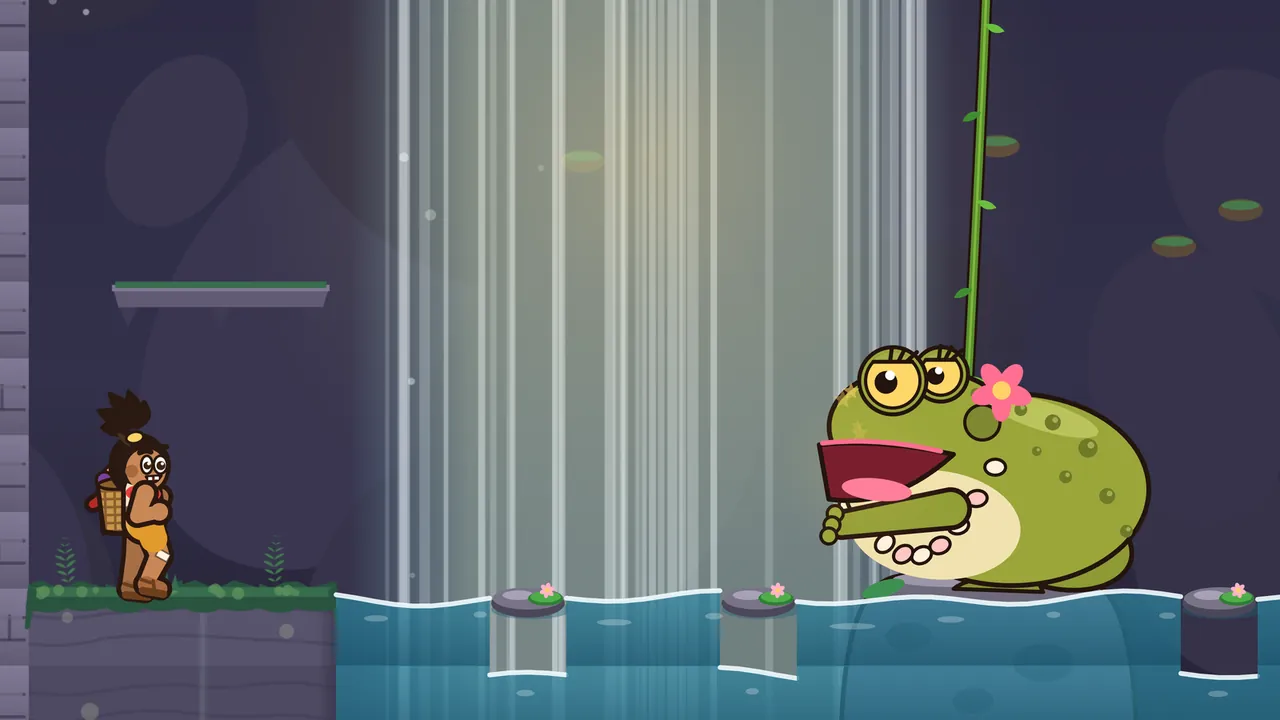 In a stone cave behind a pale waterfall, Madame Gulp, a huge olive-green toad with dark spots, heavy-lidded yellow eyes, a pink flower on her head and a string of cream shells around her neck, sits in a blue pond with her wide red mouth open and her pink tongue showing, a green vine hanging behind her; on the grassy bank at the far left Tavo stands with his basket and looks at her, and small round stepping stones with tiny pink flowers poke out of the water between them