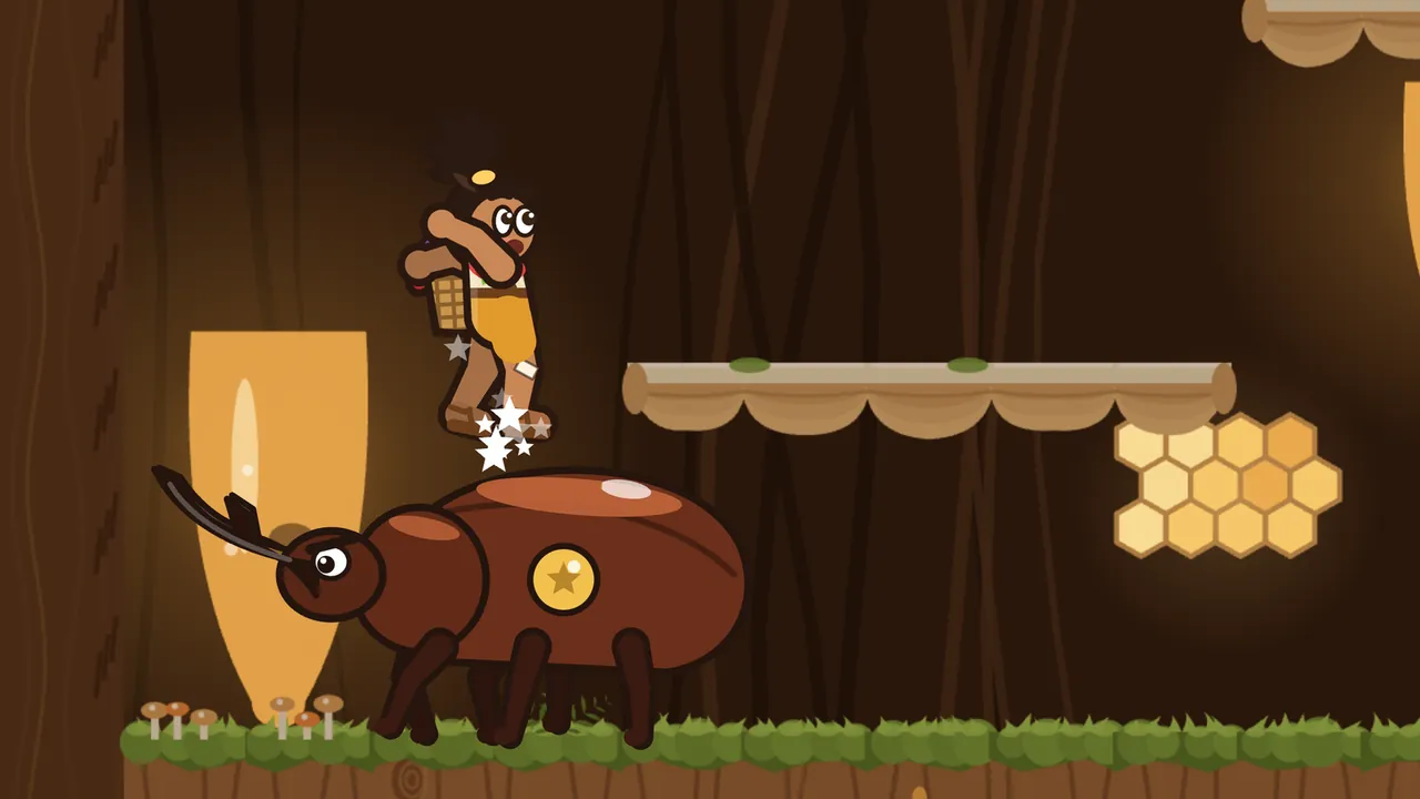 Inside the hollow of a great tree lit by glowing amber drips of sap, Tavo, in his yellow tunic with a basket on his back, lands feet first on the back of Clatterhorn, a huge glossy brown beetle with long dark horns, a round eye and a gold star badge on his side, and a burst of little white stars flies up under Tavo’s sandals; behind them a wooden ledge runs along the trunk to a glowing honeycomb, and small mushrooms grow on the mossy floor