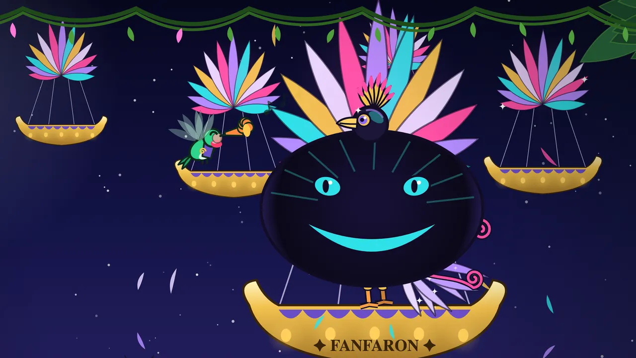 Night over the Thousandleaf Isles: Baron Fanfaron, a glossy indigo feather-bird with a golden crest, stands in a golden gondola marked FANFARON and holds his black cape up in a huge oval with two turquoise eye-spots and a wide turquoise smile, a giant fan of pink, gold, turquoise and lilac feathers spread behind him; on the left Cornet, a little green hummingbird with a red throat and a purple tabard, hovers by a smaller gondola and toots an orange trumpet flower, two more gondolas topped with feather bouquets hang in the sky, a half moon glows at the top left and a leafy garland runs along the top